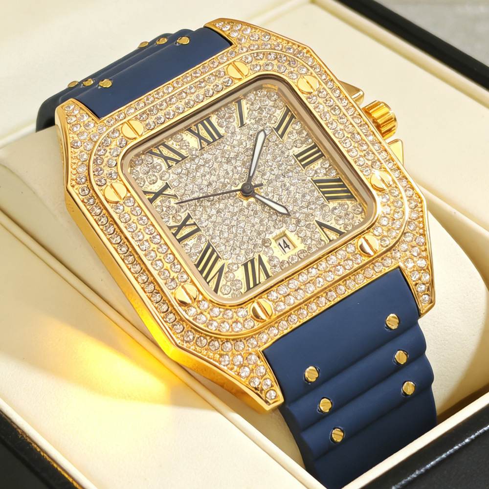 Luxury Watch Rubber Strap - Sıcak Moda Kare Tam Elmas Kuvars
